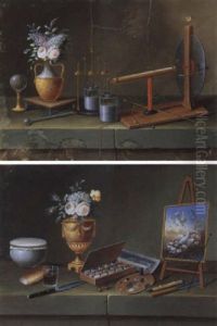 Physikalische Instrumente Und Blumenvase Auf Einer Steinplatte
