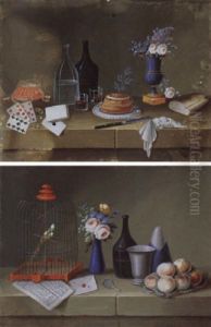 Flaschen, Weinglaser, Brot, Eine Pastete, Spielkarton, Jetons Und Eine Blumenvase Auf Einer Steinplatte Flaschen, Weinglaser, Brot, Eine Pastete, Spielkarton, Jetons Und Eine Blumenvase Auf Einer Steinplatte