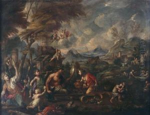 Paesaggio Con Scena Mitologica Con Putti, Satiro E Vari Personaggi In Festa by Paolo Fiammingo