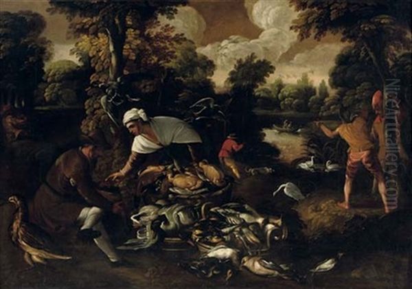 A Peasant Woman Selling Poultry In A Wooded River Landscape, Hunters In The Foreground And Beyond - view 1