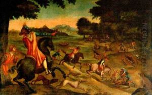 Hofische Jagd Auf Hirsch Und Wildschwein Vor Einer Bewaldeten Fluslandschaft by Paolo Fiammingo