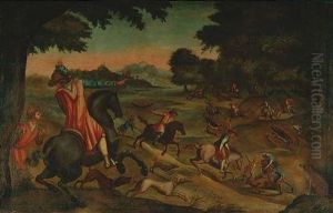 Hofische Jagd Auf Hirsch Und Wildschein Vor Einer Bewaldeten Fluslandschaft by Paolo Fiammingo