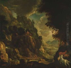Phantastische Gebirglandschaft Mit Der Versuchung Des Hl. Antonius