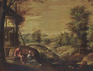 A Wooded Landscape With A Couple Conversing In The Foreground Together With Chickens, Huntsmen In The Background by Paolo Fiammingo