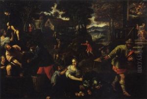 La Primavera: Contadini Che Potano Alberi, Accudiscono Armenti E Cacciano Sull'aia Di Un Borgo Rustico by Paolo Fiammingo