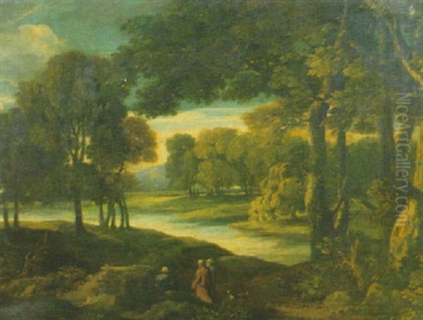 Paesaggio Fluviale Con Tre Astanti In Costume Classico - view 1