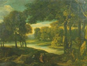 Paesaggio Fluviale Con Tre Astanti In Costume Classico