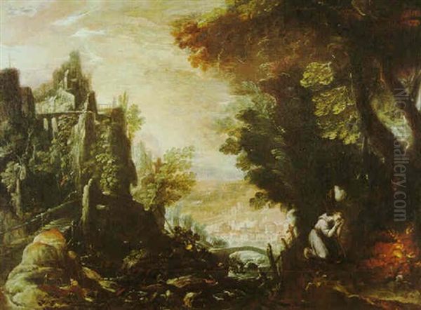 Gebirgige Waldlandschaft Mit Blick Auf Eine Stadt, Rechts Ein Knieender Monch Vor Einem Feuer - view 1
