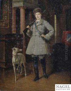 Portrait Of A Hunter With Her Dog In A Castle Interior