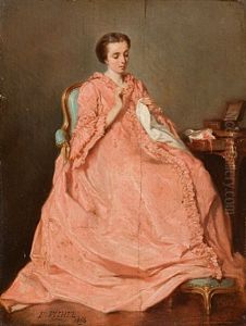 Dame In Lachsfarbenem Kleid Beim Sticken by Benjamin Eugene Fichel