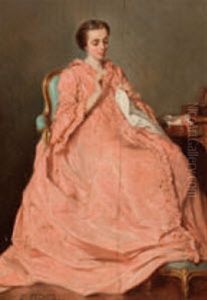 Dame In Lachsfarbenem Kleid Beim Sticken by Benjamin Eugene Fichel