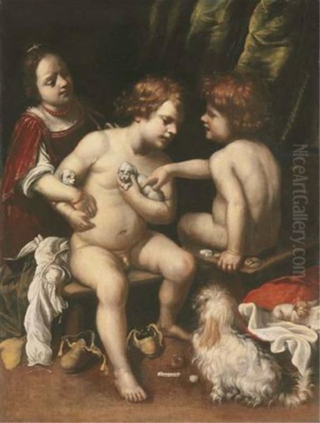 A Girl And Two Seated Boys Holding Puppies With A Dog At Their Feet - view 1