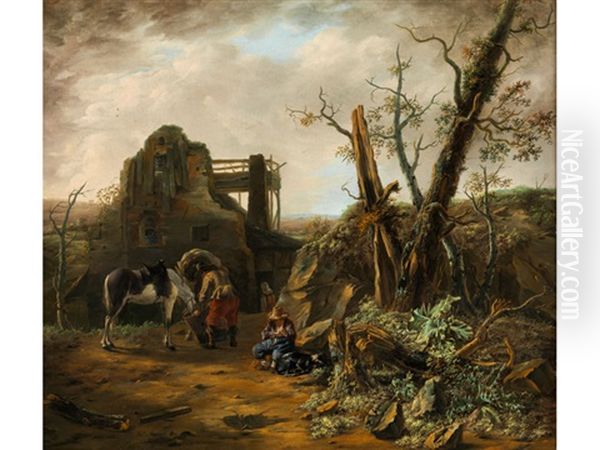 Landschaft Mit Rastenden Pferden Und Einer Verfallenen Hutte - view 1
