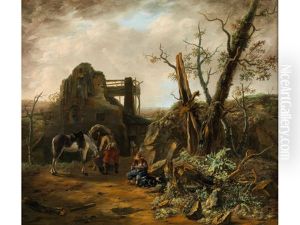 Landschaft Mit Rastenden Pferden Und Einer Verfallenen Hutte by Nicolaes Ficke