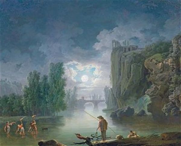 A Moonlit River Landscape With Fishermen Working By Torchlight - view 1