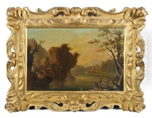 A Rocky River Landscape With Fishermen On Rocks In The Foreground; And A Tempestuous Seascape With Shipwrecked Figures In The Foreground (2) In Their Original Elaborate 18th Century Carved And Gilt Wood Frames