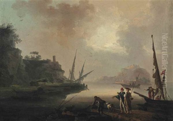 A Mediterranean Harbour Scene, With Fishermen On The Shore And Boats Beyond - view 1