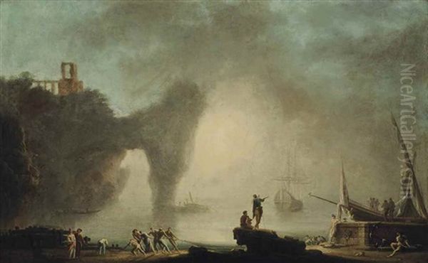 A Mediterranean Harbour With Fisher Folk Pulling Their Nets And Other Figures, Shipping Moored In A Calm Beyond - view 1