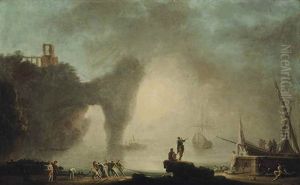 A Mediterranean Harbour With Fisher Folk Pulling Their Nets And Other Figures, Shipping Moored In A Calm Beyond