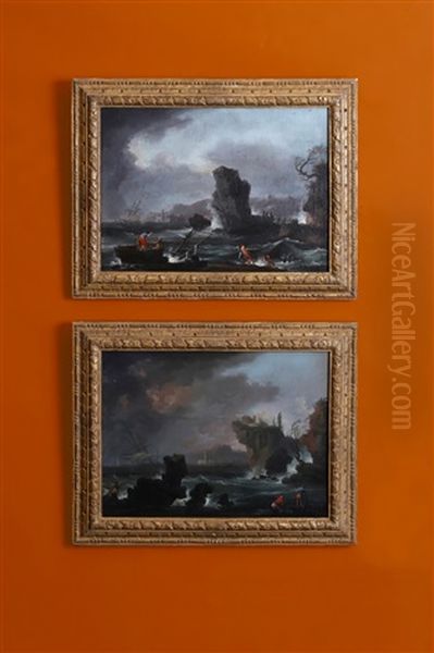 Naufrages Dans Une Mer Demontee Tirant Des Epaves A La Cote Sur Fond De Port Mediterraneen. Pecheurs Observant La Tempete Et Un Navire En Perdition Devant Un Port Mediterraneen (pair) - view 1