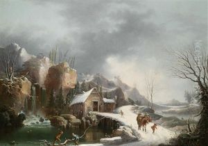 Winterlandschaft Mit Reisenden Bei Einem Flusslauf Und Einem Wasserfall Winterlandschaft Mit Reisenden Bei Einem Flusslauf Und Einem Wasserfall