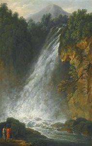 View Of A Traveller And A Fisherman By The Terni Waterfall And View Of A Traveller And Washerwoman By A Waterfall, A Monastery In The Distance (pair) by Francesco Fidanza