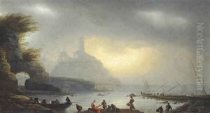 A Mediterranean Harbour Scene, With Fishermen On The Shore And Boats Beyond by Francesco Fidanza