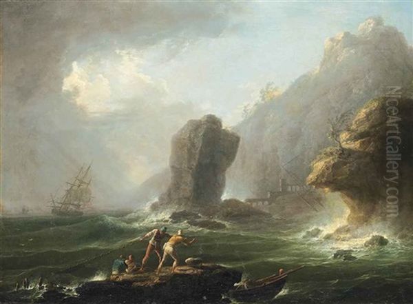A Stormy Coastal Landscape With Fishermen Pulling In Their Nets - view 1