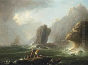 A Stormy Coastal Landscape With Fishermen Pulling In Their Nets