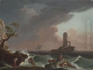 Sturmische Kustenlandschaft Mit Schiffswrack Und Einem Leuchtturm