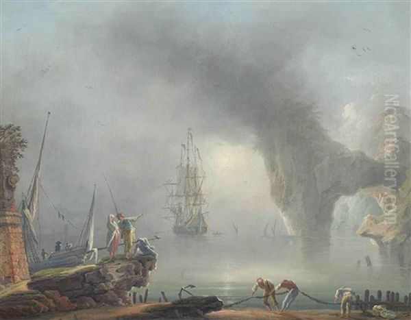 A Mediterranean Coastal Landscape With Fishermen Pulling In Their Nets, A Man-o-war Beyond - view 1