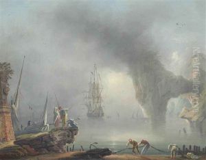 A Mediterranean Coastal Landscape With Fishermen Pulling In Their Nets, A Man-o-war Beyond