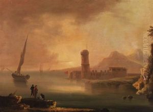 Mediterrane Kustenlandschaften Mit Segelschiff, Hafenanlage Und Anglern (+ Another; 2 Works)