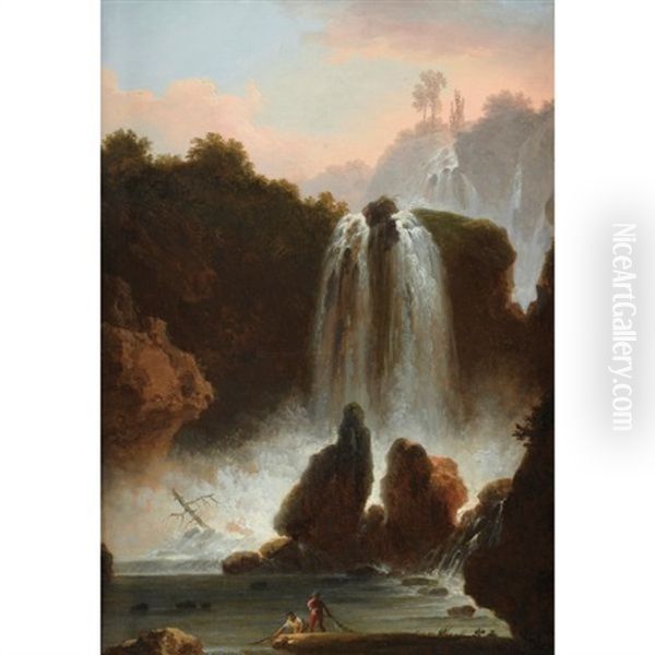 Paysage De Cascades En Italie Anime De Personnages; (+ Vue D'un Temple De Vesta; Pair) - view 1