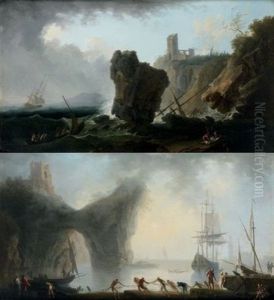 Les Pecheurs Ramenant Les Filets Au Coucher Du Soleil (+ Les Pecheurs Sur Une Mer Agitee Pres Des Cotes Rocheuses; Pair) by Francesco Fidanza
