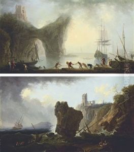 A Coastal Landscape With A Natural Arch And Fishermen Drawing In Their Nets (+ A Stormy Coastal Landscape With A Shipwreck; Pair) by Francesco Fidanza