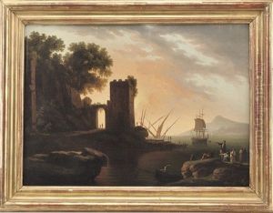 A Mediterranean Coastline With Fisherfolk Before A Ruined Tower