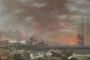 A Coastal Scene At Sunset With A Fort Beyond