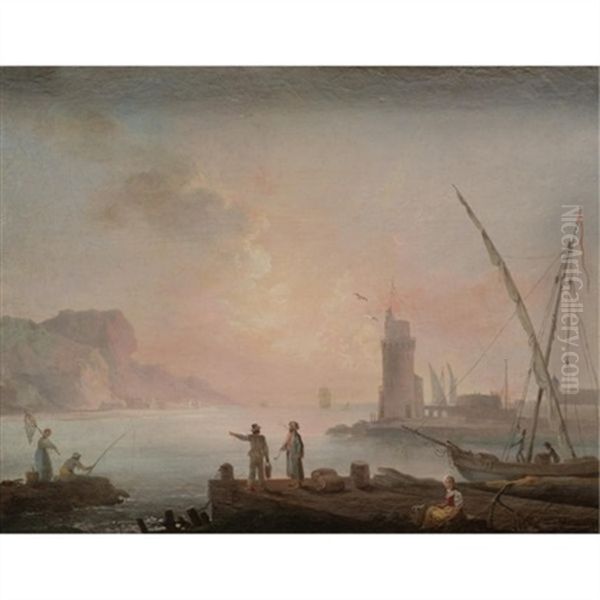 A Harbour Scene At Sunset With Fishermen And Other Figures In The Foreground - view 1