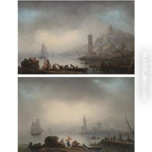 View Of A Mediterranean Port With Figures On The Shore (+ A Rocky Coastal Landscape With A Lighthouse And Fishermen Unloading Their Catch; Pair)