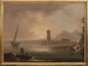 Havnescenerier Med Personer Og Arkitektur, I Forgrunden Fiskere Staende Pa Klipper, I Baggrunden Rosafarvet Himmel Og Nedgaende Sol (pair) by Francesco Fidanza