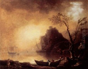 Coastal Landscape At Sunset With Fishermen In The Foreground, A Town On A Cliff Beyond