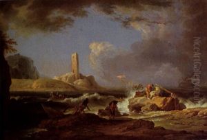 A Harbour Scene At Sunrise With Numerous Figures And Sailing Ships In Calm Waters by Francesco Fidanza