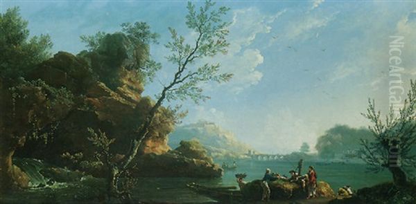 A Rocky River Landscape With Fisherman Unloading Their Catch, An Aqueduct In The Distance - view 1