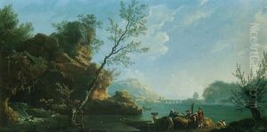 A Rocky River Landscape With Fisherman Unloading Their Catch, An Aqueduct In The Distance by Francesco Fidanza