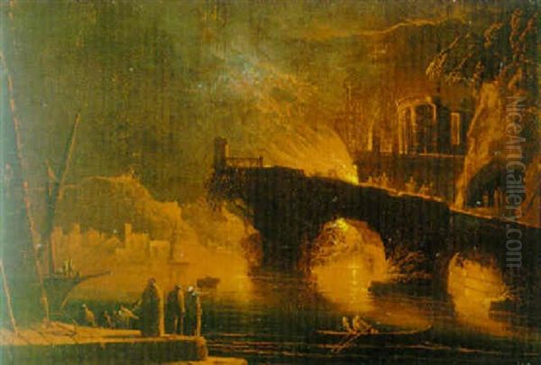 Mediterranean Harbour Scene With Ruins And A Fire In The Distance - view 1