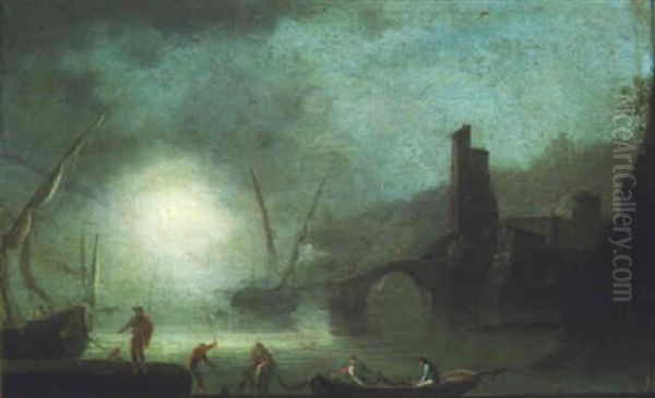 Moonlit Harbor Scene With Fishermen by Francesco Fidanza