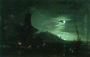 Moonlit Seascape With Figures Fishing From The Shore by Francesco Fidanza