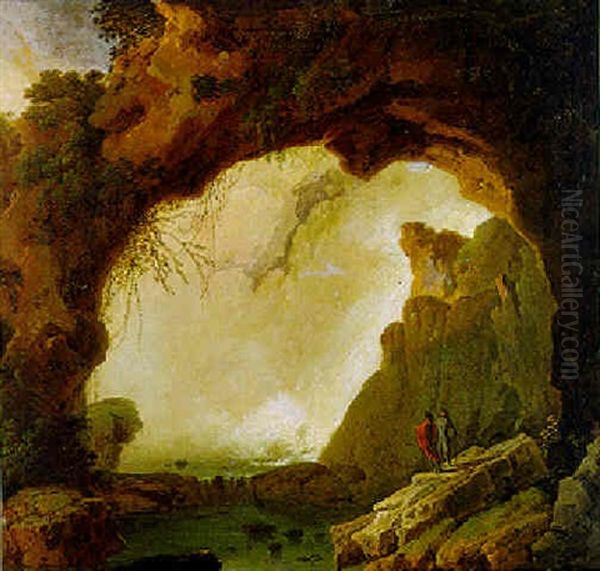 Two Figures Standing Under A Natural Arch Near A Waterfall - view 1