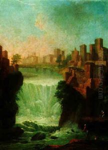 A Capriccio Of Tivoli With Fisherman And A Mother And Child Beyond by Francesco Fidanza